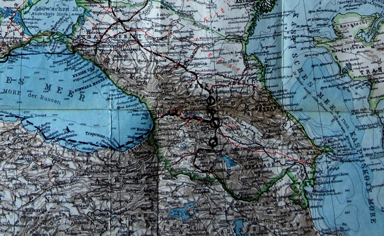 a detail of a map showing buxton's 1932 itinerary through Soviet Georgia and Armenia